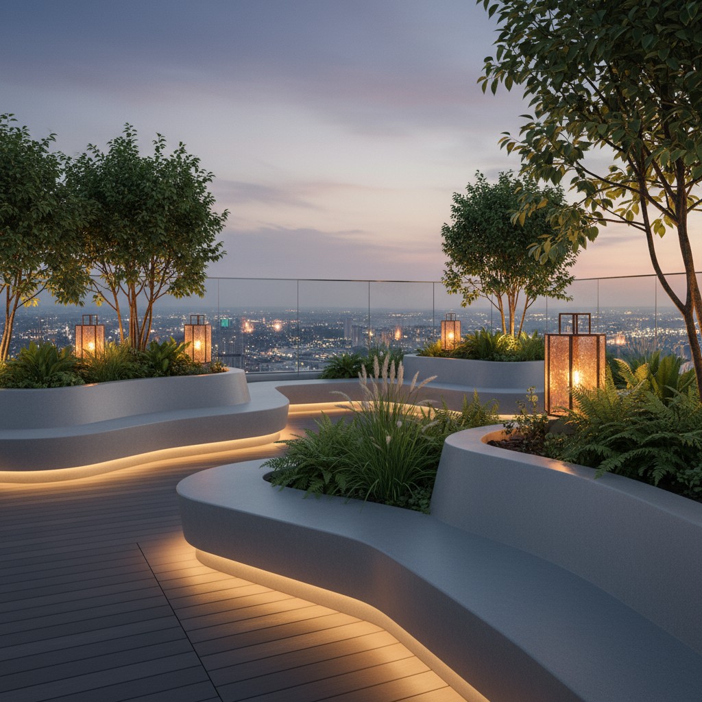 A rooftop garden or terrace with raised planter boxes, greenery, and decorative lights.