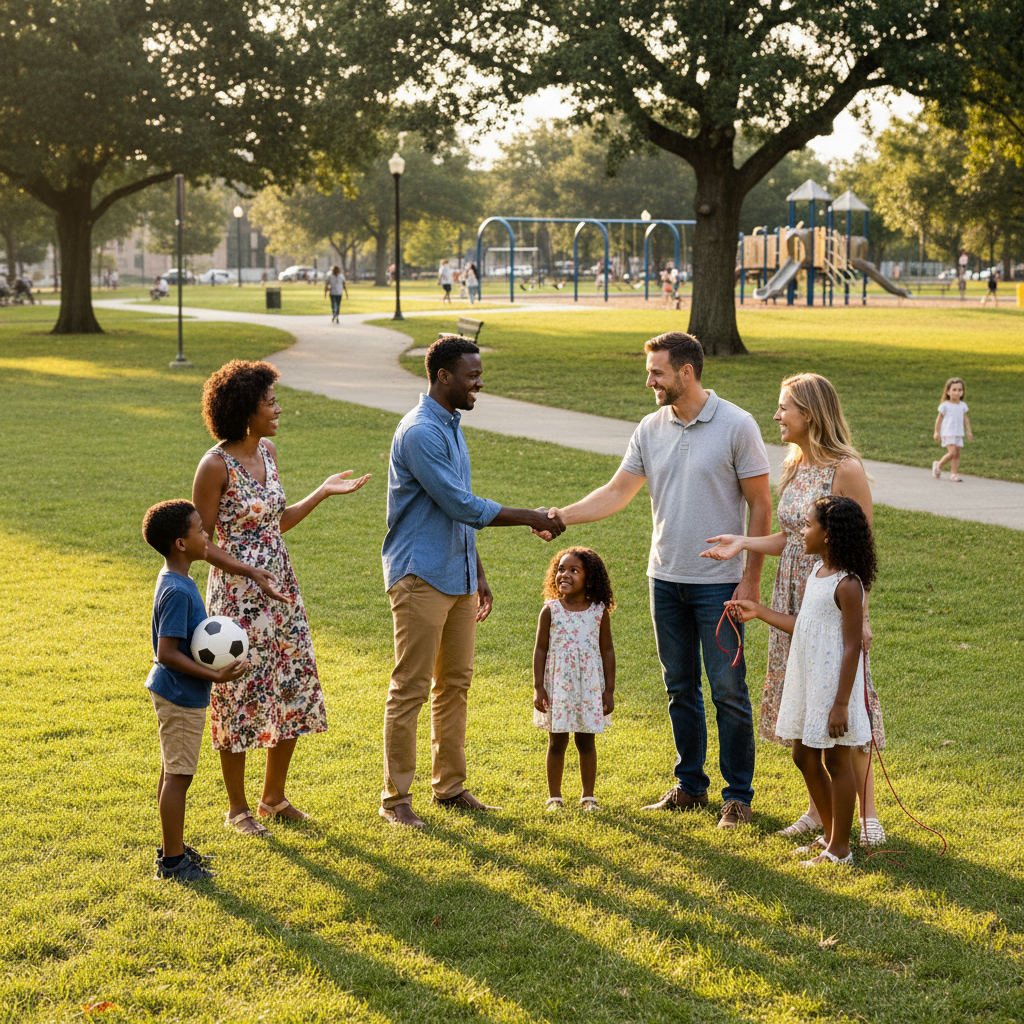 a black family being introduced to a white family at the park